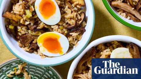 Meera Sodha's mushroom claypot rice in bowls on a table