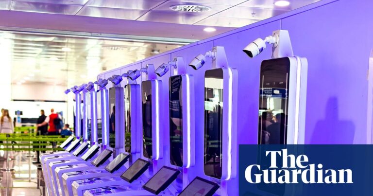 European entry-exit system kiosks with digital touchscreens and biometric scanners