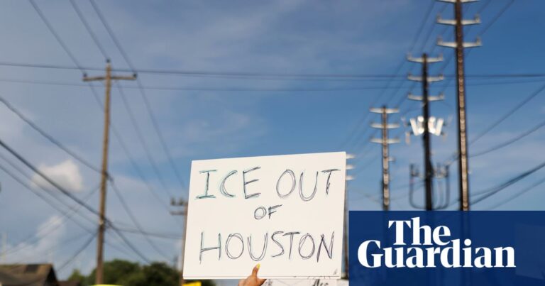 A woman holds a sign reading "ICE OUT OF HOUSTON" during a protest in July.