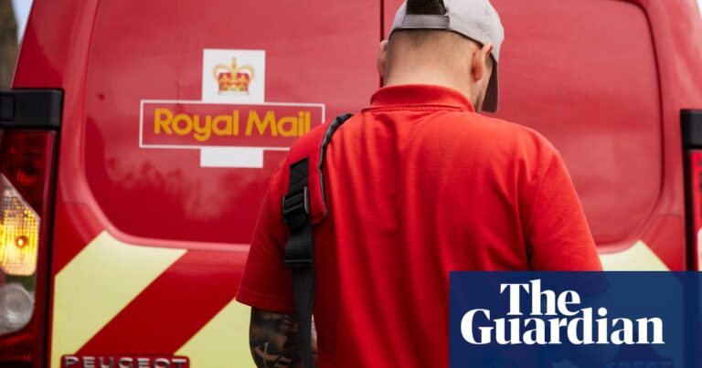 A Royal Mail worker with a bag, standing behind a Royal Mail van
