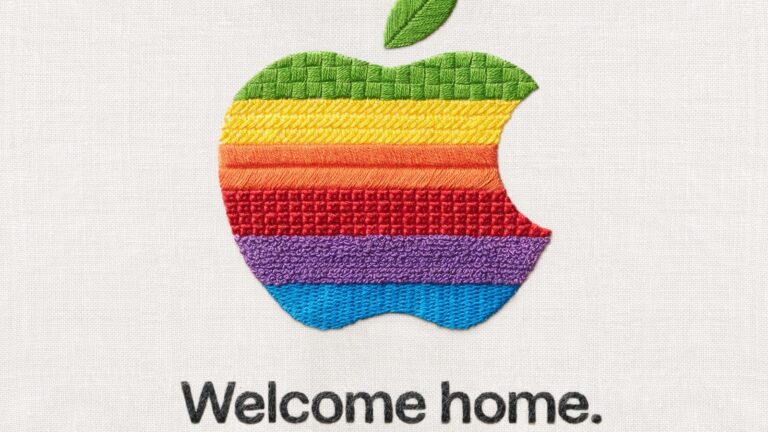A graphic showing the Apple logo embroidered in rainbow colors above the words, "welcome home."
